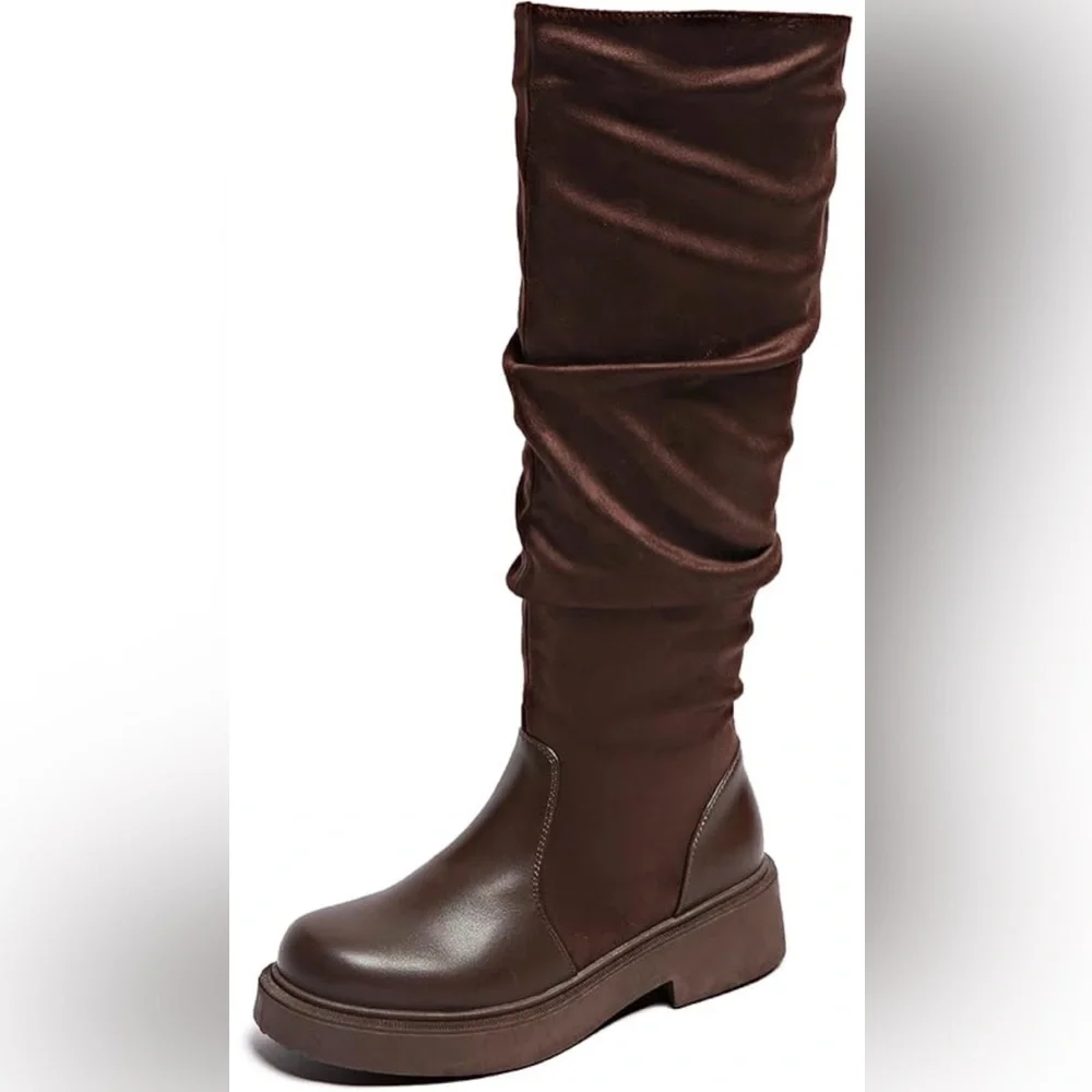 Women’s fashionable brown chunky heels riding boots with zipper size:8.5